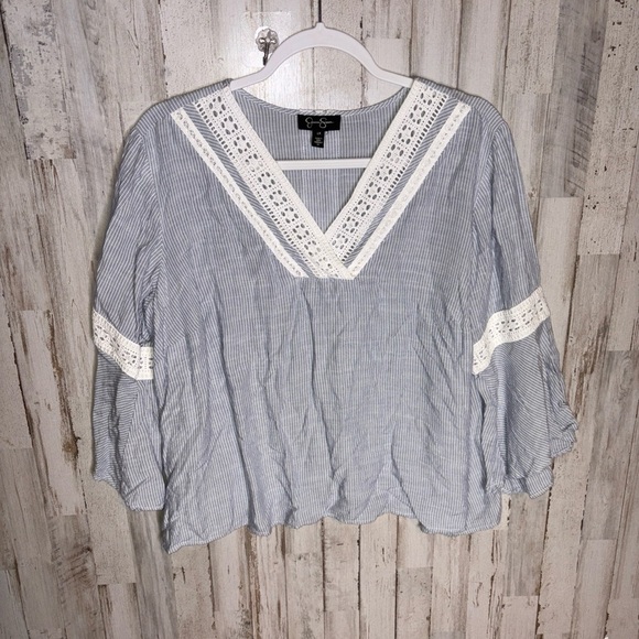 Jessica Simpson Boho Top Women's 1X 100% Cotton Bell Sleeves Stripes - Picture 1 of 15